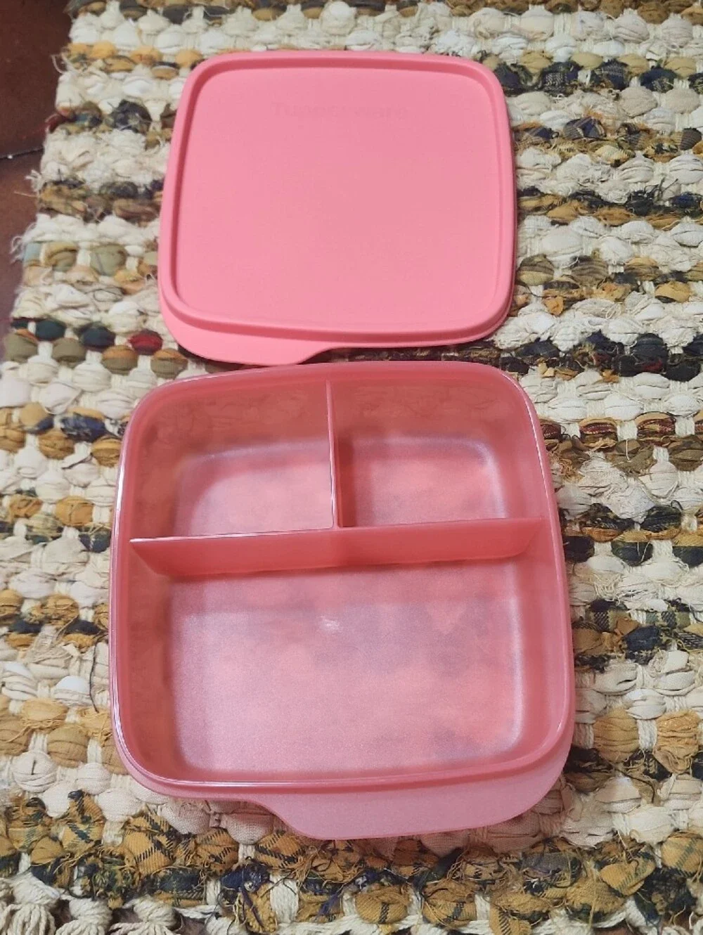 Tupperware 3 Section Divided Coral Pink Square Food Storage Container